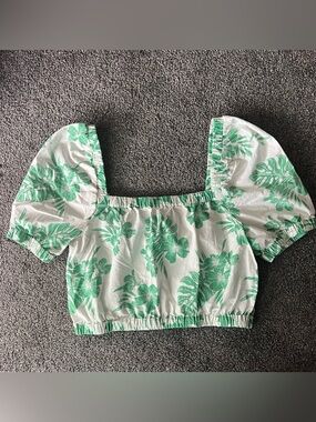 American Eagle Outfitters White Cropped Top with Green Floral Print